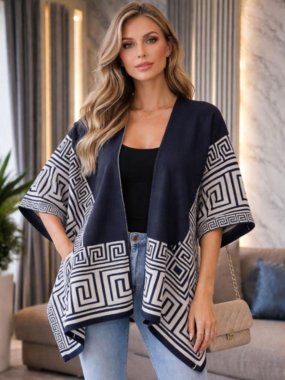 Navy & Cream Greek Key Geometric Open Front Cardigan Wrap